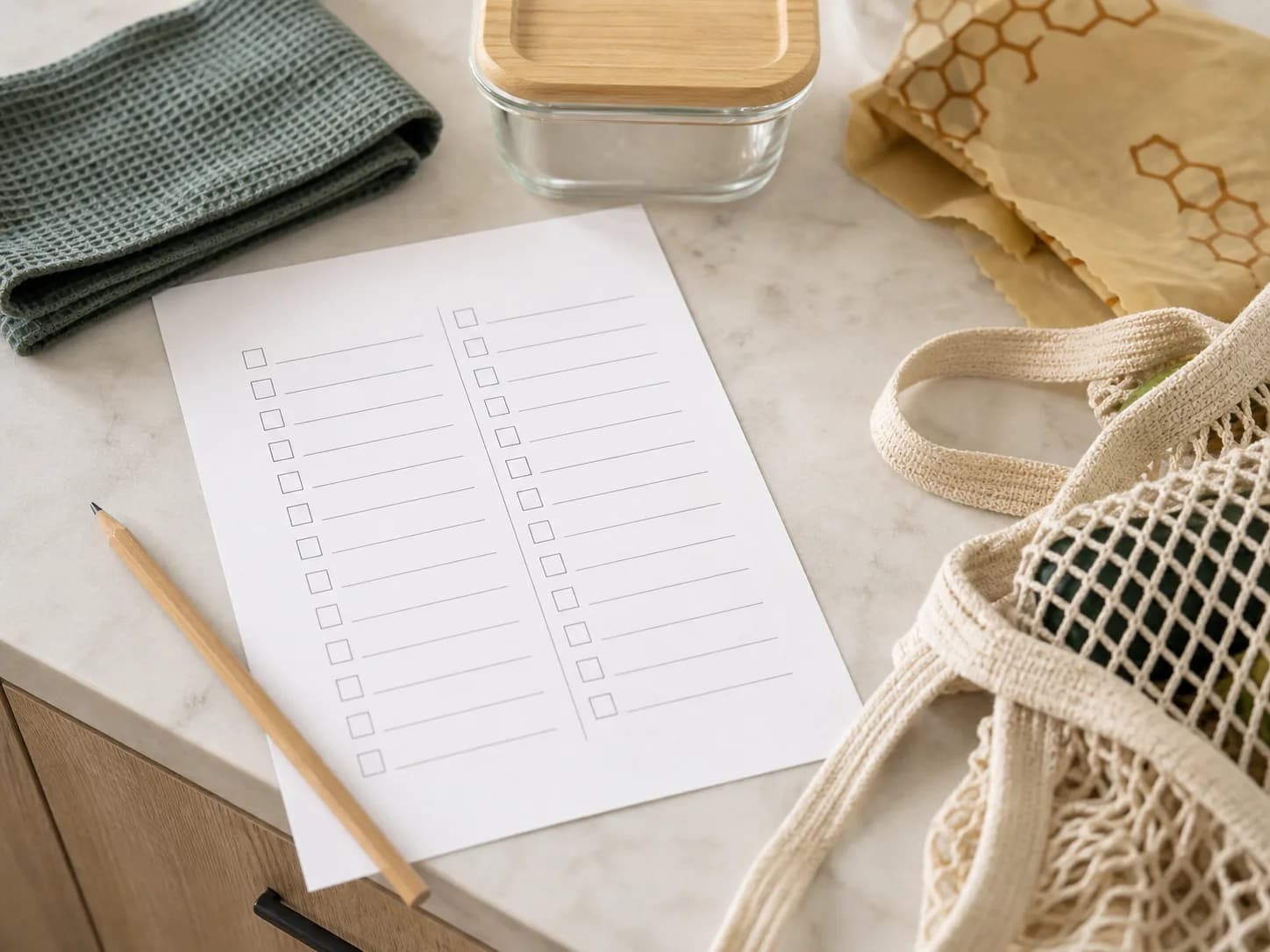 Printable low-waste checklist with kitchen starter items on a bright counter
