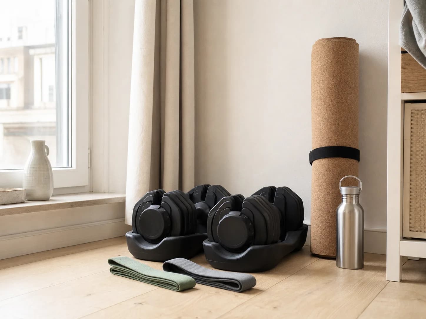 Compact adjustable dumbbells, resistance bands, a cork mat, and a steel bottle in a bright apartment corner