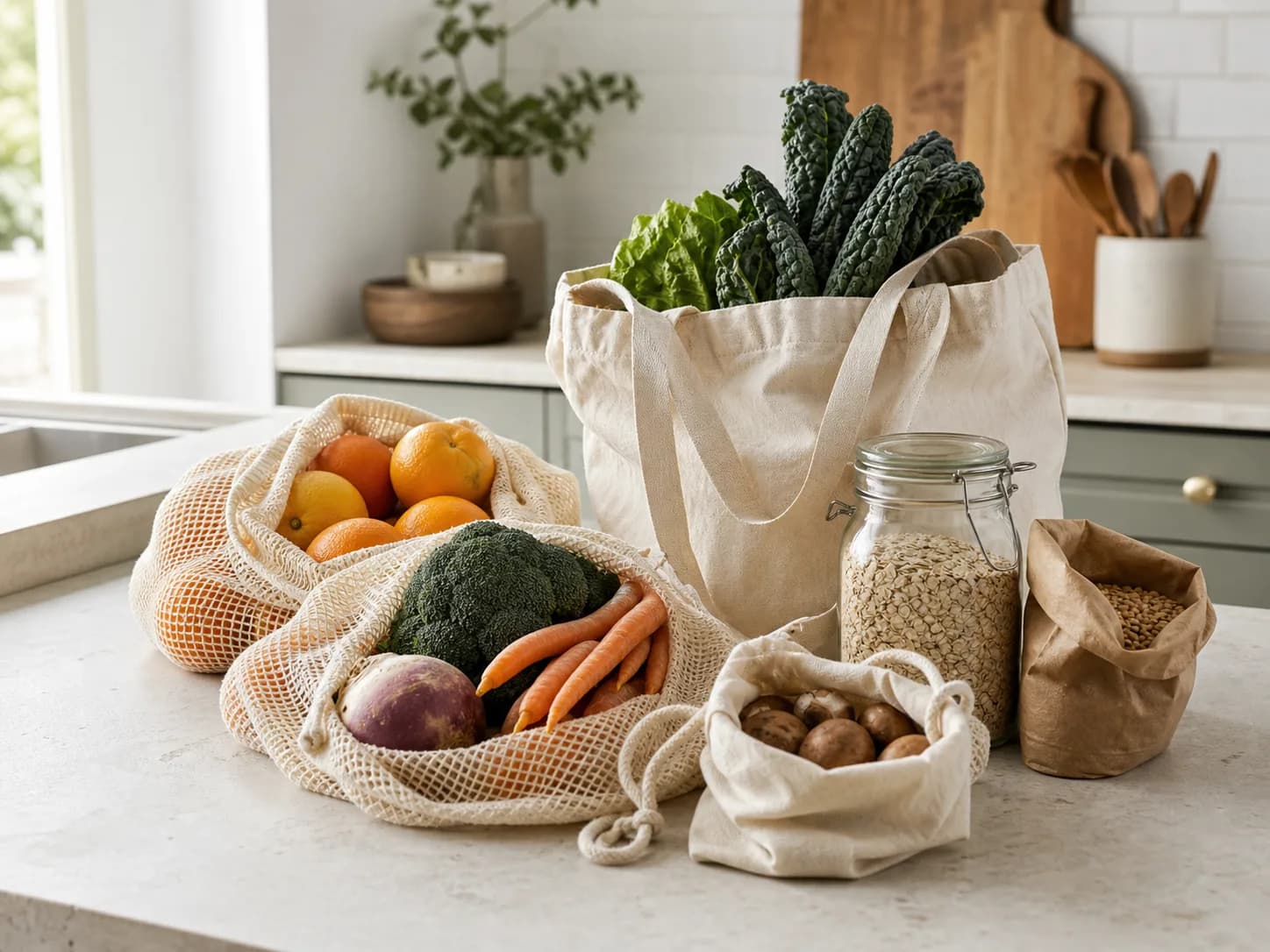 Reusable produce bags and pantry staples after a plastic-free grocery trip