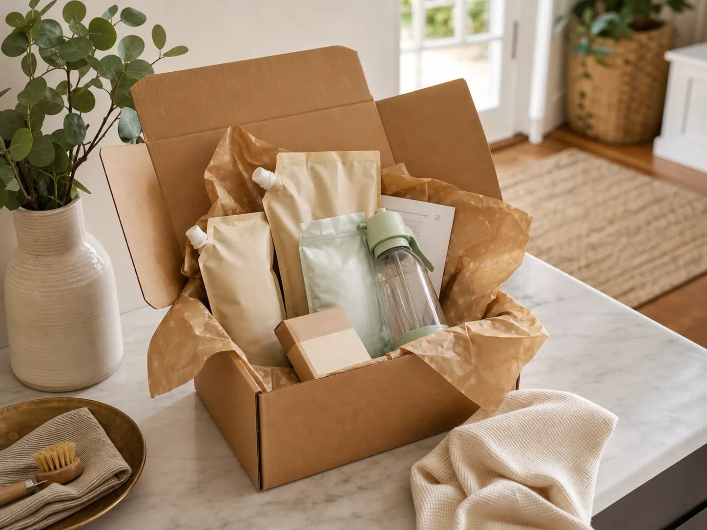 Open household refill delivery box with pouches and a reusable bottle on a kitchen island