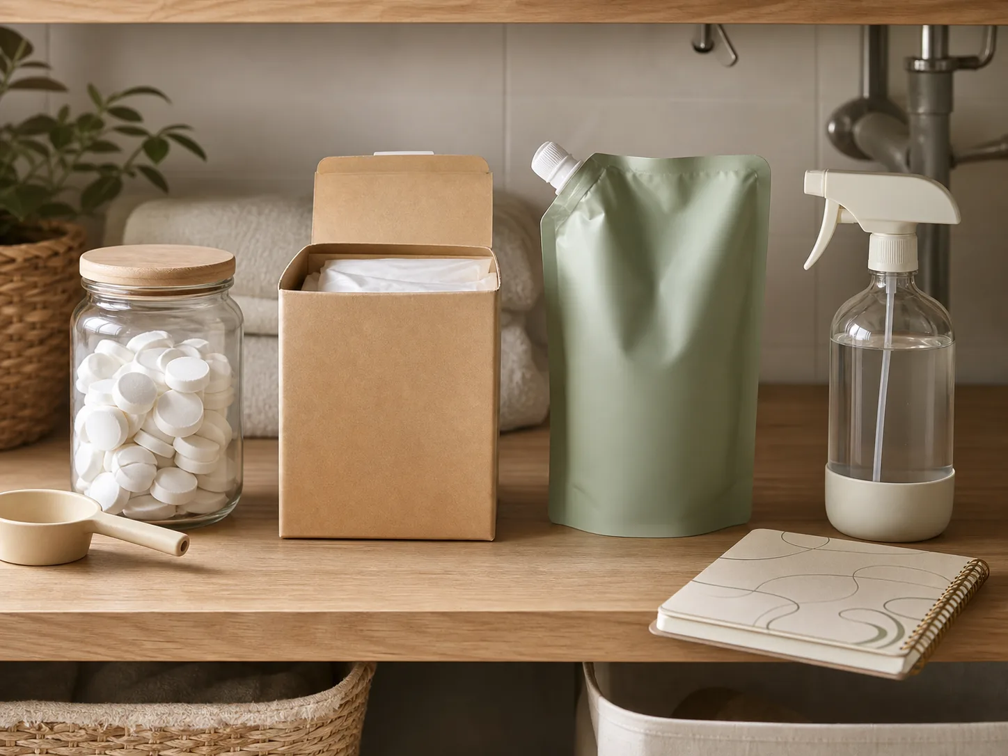 Unbranded refill tablets, pouch, and spray bottle arranged for a low-waste comparison