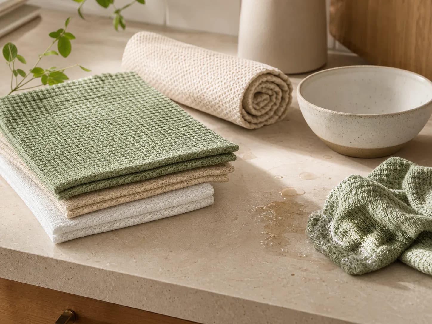 Reusable paper towels and Swedish dishcloths stacked on a warm kitchen counter